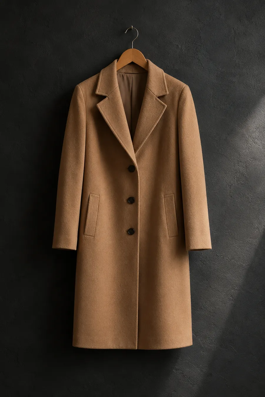 Abrigo recto de mujer color camel, con tres botones y bolsillos de vivo, colgado en una percha