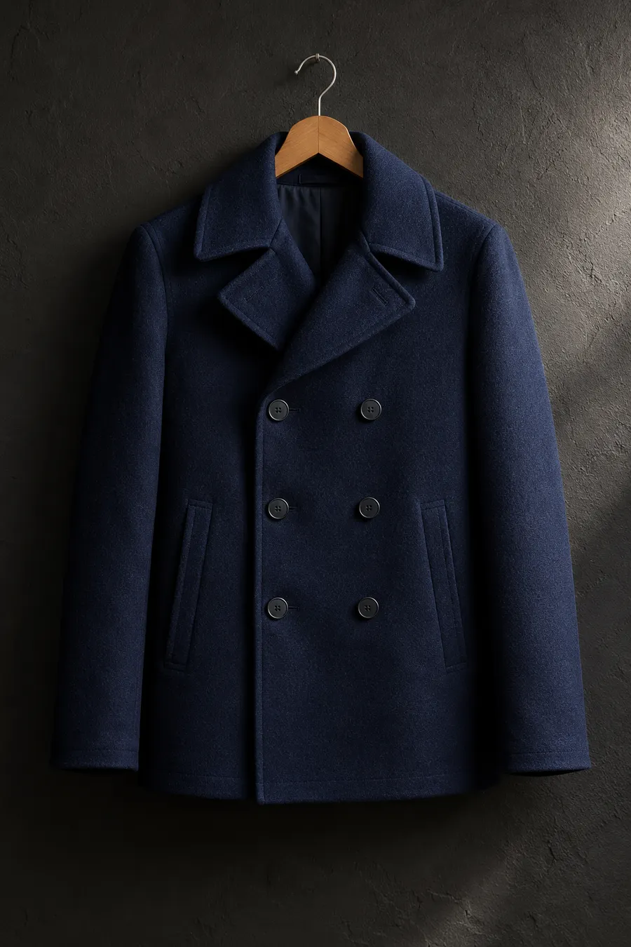 Chaquetón marinero azul oscuro, cruzado y a la altura de la cadera, colgado en una percha de madera